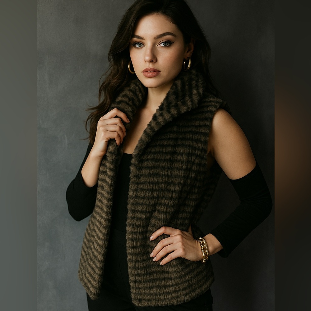 Tahari Women's Faux Fur Vest Size S Fur‎ Hooded Vest Mobwife Italian Glam